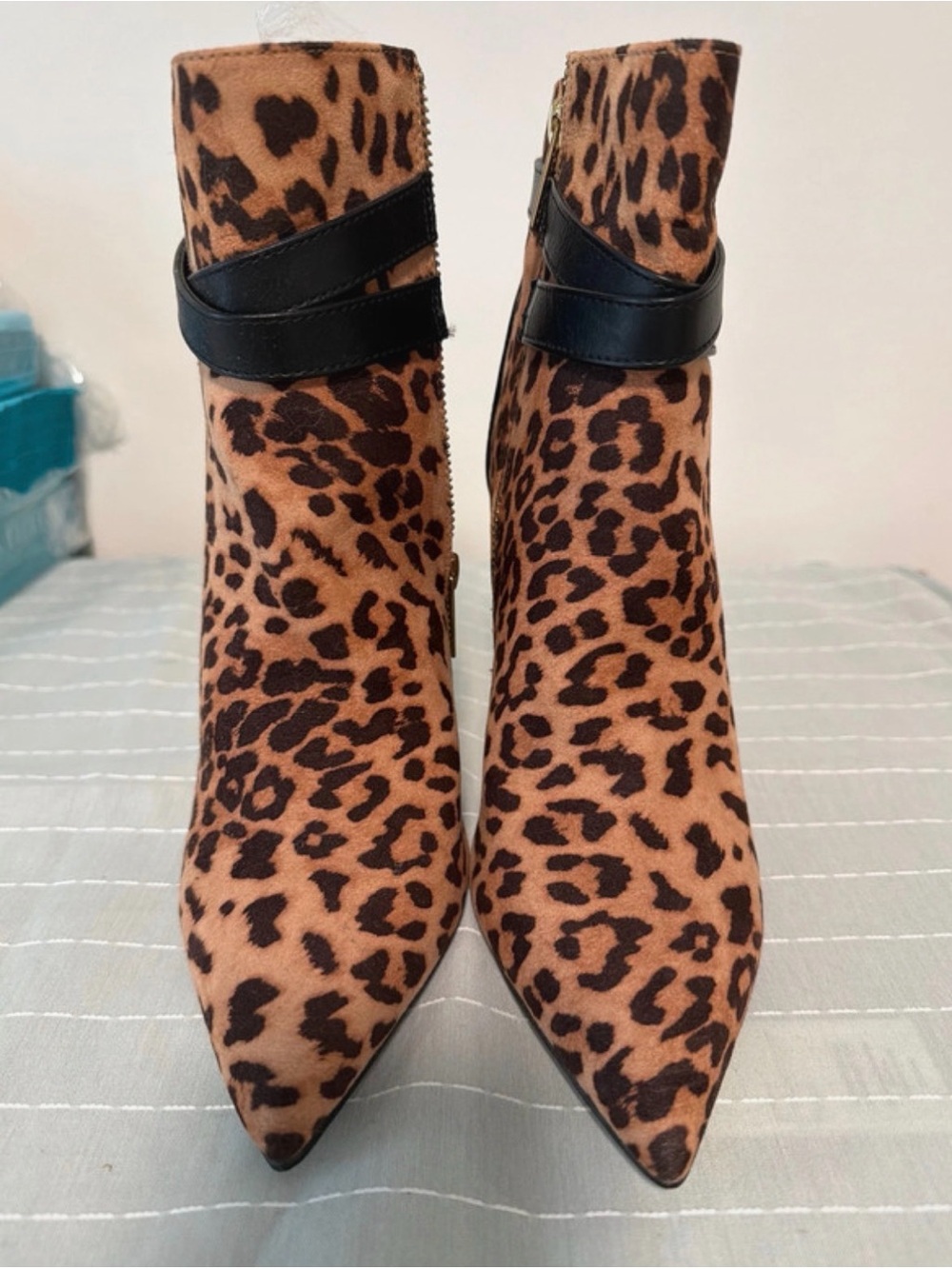 JustFab Leopard Print Pointed Ankle Boots with Black Strap